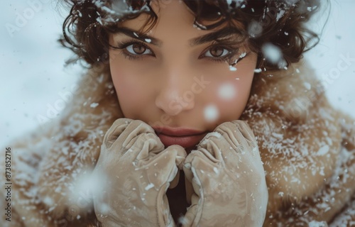 Woman in Fur Coat and Gloves Posing in Snowy Winter Scene