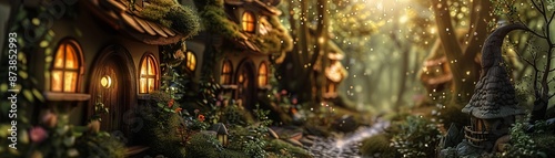 Enchanted forest, miniature houses, fantastical flora, fairy village, ethereal beauty, dreamlike scene, surreal atmosphere, photorealistic image, golden hour lighting