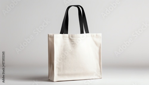 White canvas tote bag with black handles isolated on white background.