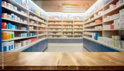Empty Wooden table in a pharmacy store aisle with shelves stocked with medication boxes Empty wooden table in a pharmacy aisle Unattended table in front pharmacy shelves Empty space table background