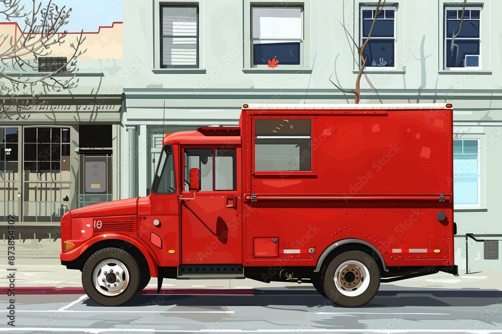 Fototapeta premium Illustration of a vibrant red delivery truck parked along a city street with storefronts in the background