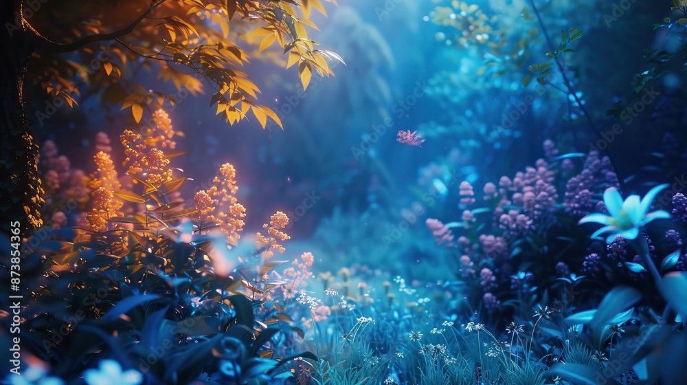 Magical fairy-tale forest with vibrant flowers in twilight, capturing the enchanting beauty of nature in vivid colors and ethereal light. Magical fairy-tale forest with vibrant flowers in twilight, capturing the enchanting beauty of nature in vivid colors and ethereal light.