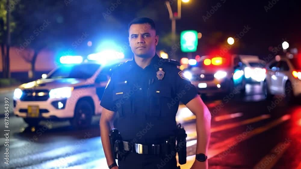 Policeman on Duty at Night with Emergency Lights Policeman on Duty at Night with Emergency Lights