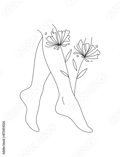 Elegant Female Feet line art decorated with flowers, Editable lines, medicine flowers and herbal cosmetics