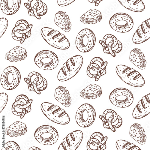 Pattern of doodle illustrations depicting baking, brown. Image is made manually using lines of different thicknesses. Contour illustration for baking in cafes, bakeries on white. Variety of pastries