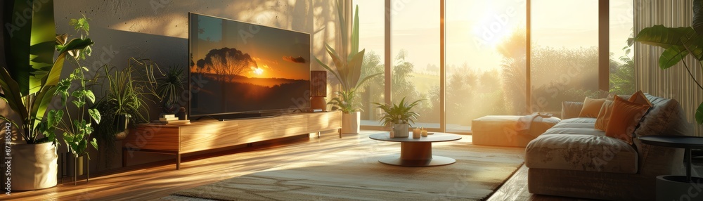Design a tech advertisement showcasing a new TV model, with sleek and modern design elements Design a tech advertisement showcasing a new TV model, with sleek and modern design elements