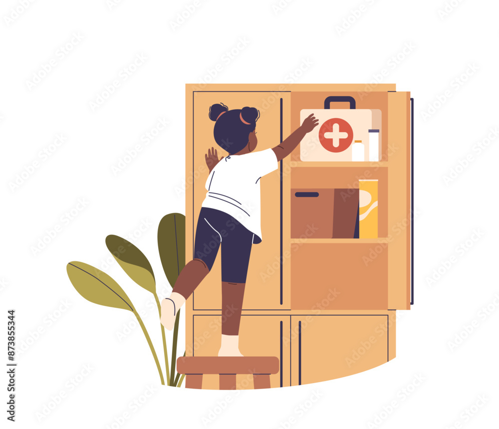 Child Performing A Dangerous Action By Climbing On A Stool To Reach Medical Supplies In A Cabinet, Vector Illustration Child Performing A Dangerous Action By Climbing On A Stool To Reach Medical Supplies In A Cabinet, Vector Illustration