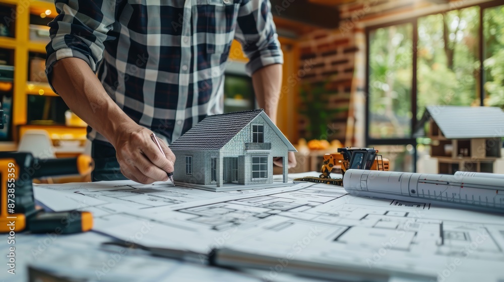 A man in a plaid shirt examines a model house on a blueprint, tools and other models surround him. A man in a plaid shirt examines a model house on a blueprint, tools and other models surround him.