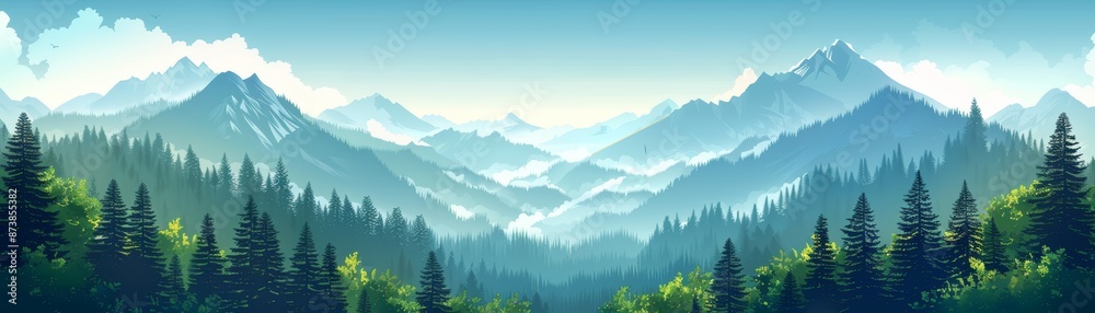 Obraz premium A misty mountain range with lush green trees in the foreground.