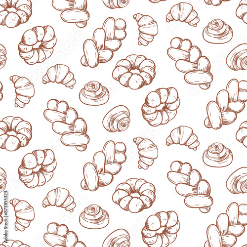 Pattern of doodle illustrations depicting baking, light brown. The image is made manually using lines of different thicknesses. Contour for baking in cafes, bakeries on white. Variety of pastries
