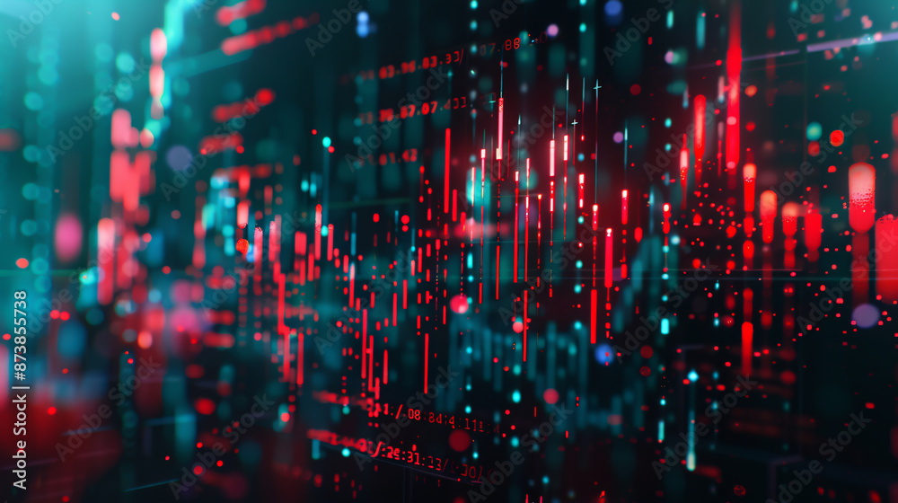 A technical price graph and indicator displayed on a blue-themed screen, showcasing red and green candlestick charts that symbolize market volatility, trends in stock trading, and the background A technical price graph and indicator displayed on a blue-themed screen, showcasing red and green candlestick charts that symbolize market volatility, trends in stock trading, and the background