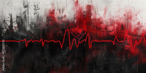 Abstract background with heartbeat graph and paint texture, red and black tones, brush strokes, artistic style.