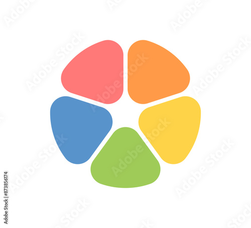 Circle division infographic icon. Pie chart divided five equal parts. Sectors with rounded corners icon. Color infographic flower round diagram. Vector illustration isolated on white background.