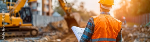 Construction worker in safety vest  oversees excavator work.