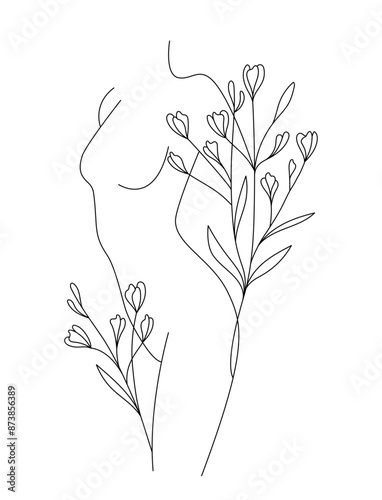 Elegant Female Body line art decorated with florals, Editable lines, medicine flowers and herbal cosmetics