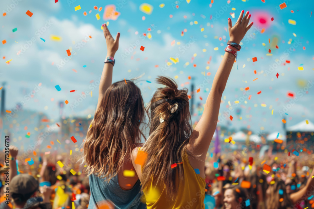 Obraz premium Young women revel in the energy of youth at an outdoor music festival, surrounded by cheering crowds and confetti.