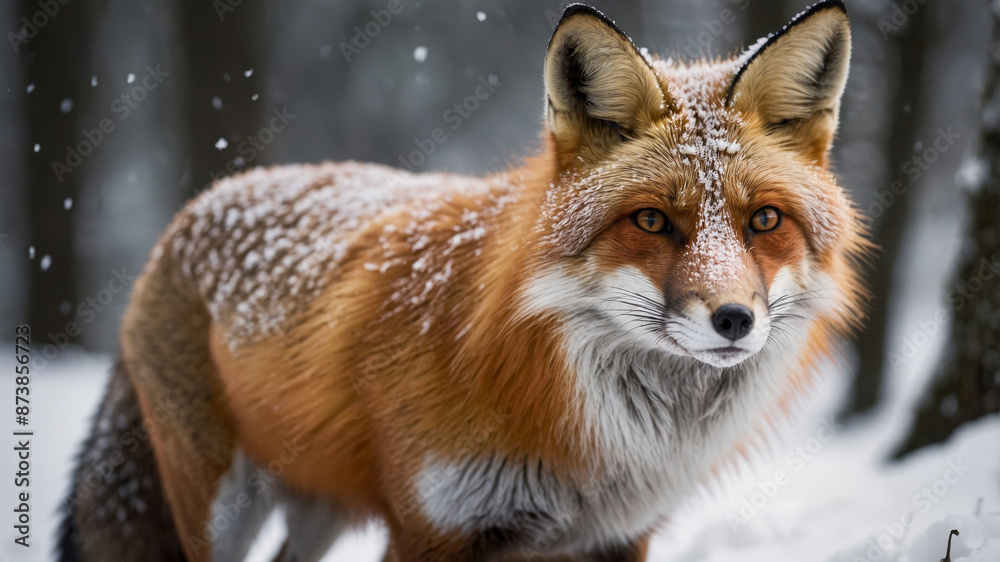 Fototapeta premium Fox Hunting in a Snowy Forest with a Snowy Coat