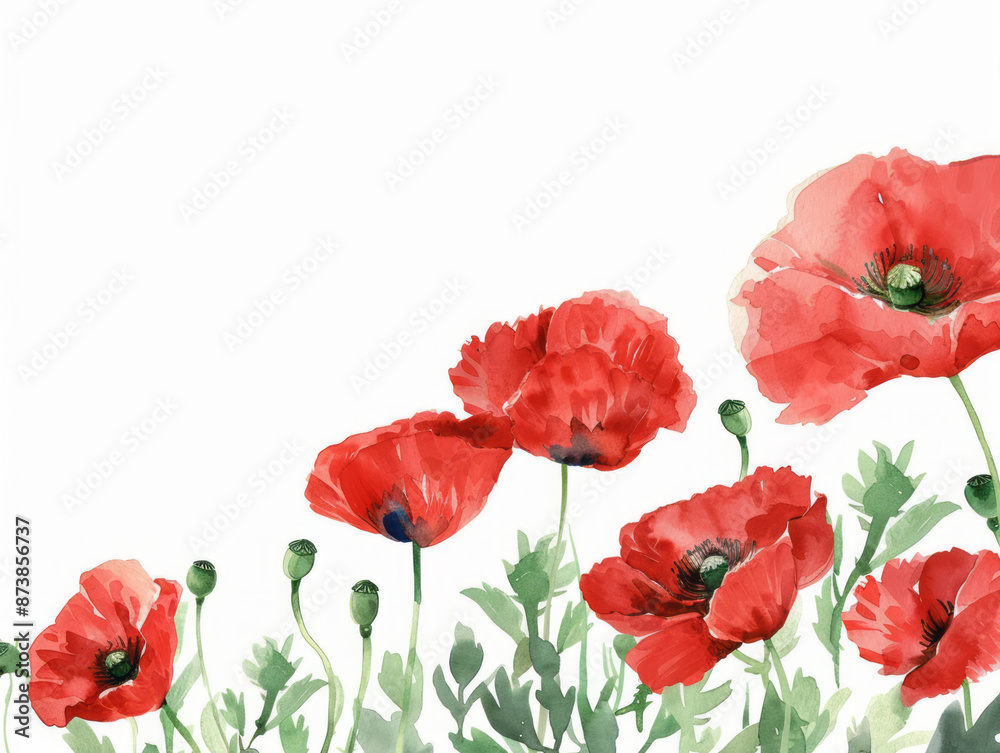 Obraz premium Red poppy flowers adorn a white background, providing a banner with space for copy.