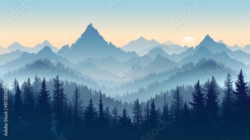 Misty mountain range with a forest in the foreground, bathed in a soft, blue light. A sunrise or sunset illuminates the sky.