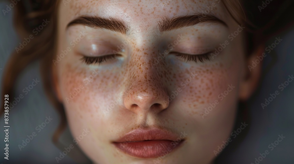 Pearlescent freckles adorned the face of a young woman with gentle closed eyes. Pearlescent freckles adorned the face of a young woman with gentle closed eyes.