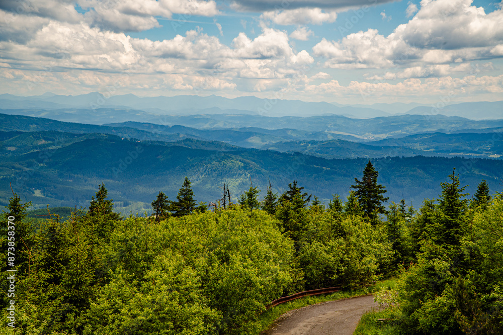 Góry, Beskid Morawsko-Śląski w Czechach, panorama ze szczytu Łysej Góry latem.