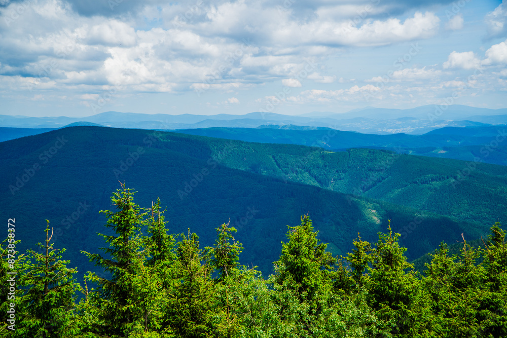 Góry, Beskid Morawsko-Śląski w Czechach, panorama ze szczytu Łysej Góry latem.