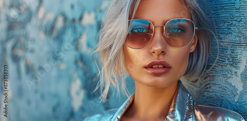 Woman With Blonde Hair Wearing Sunglasses in Front of Blue Wall