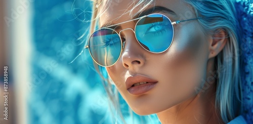 Woman With Blonde Hair Wearing Sunglasses in Front of Blue Wall