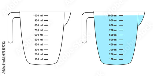 Empty and full measuring cups with a 1 liter volume. Water or other liquid containers for cooking with a fluid capacity scale isolated on white background. Vector flat illustration.