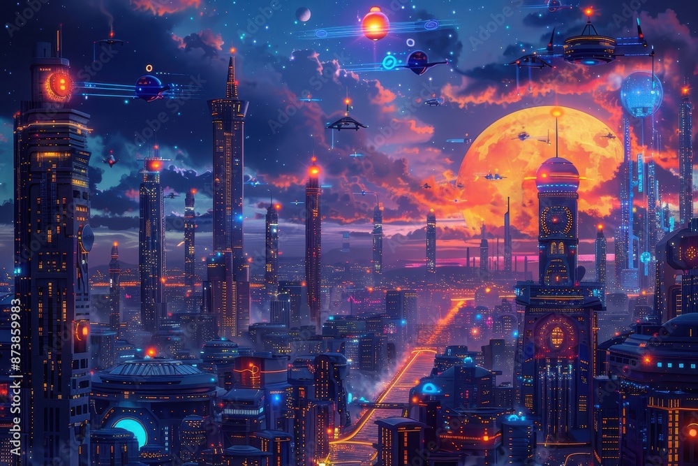 Fototapeta premium Futuristic cityscape protected by drones and automated systems.