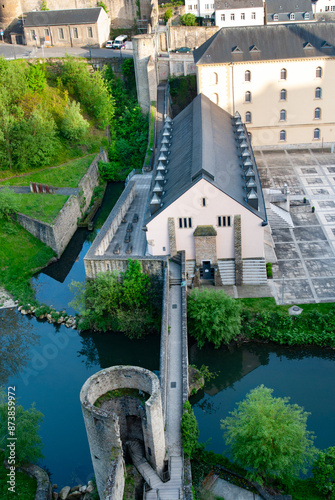 Central Luxembourg quarter Gronn with Pont du Stierchen over Alzette river summer time photo