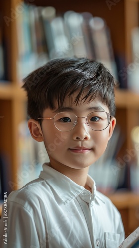 A 10-year-old Asian boy with a handsome face, glasses, turned and smiled at the camera, white shirt, sideways, book in hand, in the library, real scene,first-person view,beautiful lighting, Sony A7M4  photo