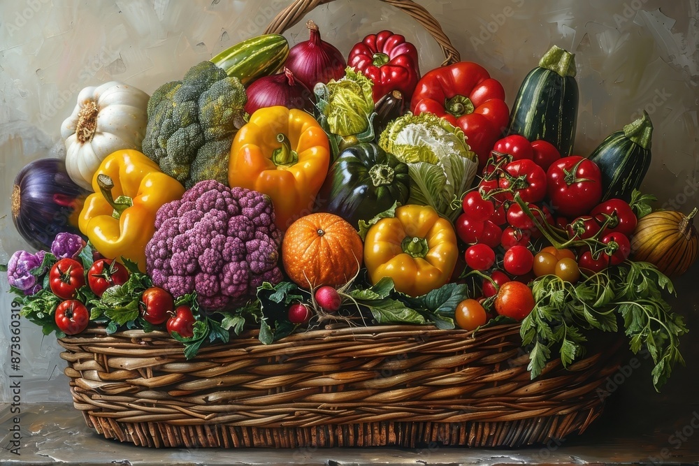 Still life painting of a harvest basket overflowing with vegetables. Still life painting of a harvest basket overflowing with vegetables.