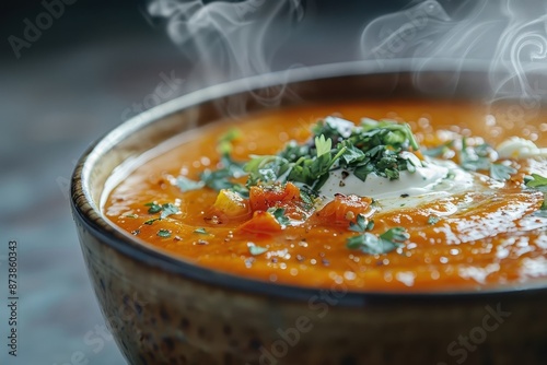 Steaming bowl of vegetable soup garnished with herbs and cream.