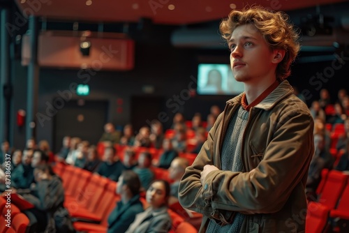Student giving a presentation in a lecture hall.