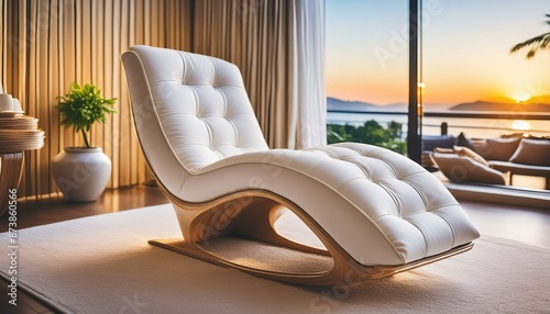 A designer chaise lounge in a luxury hotel suite. photo