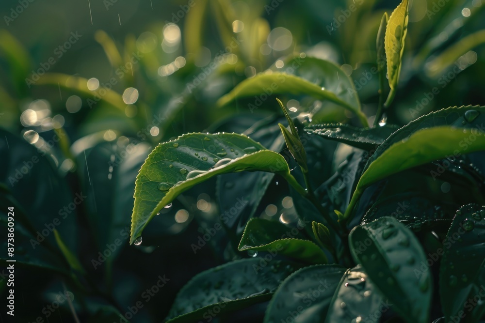 Obraz premium Tea Leaves as Background: A Closeup Detail of Beautiful Dew on Tea Leaves in Asian Countryside