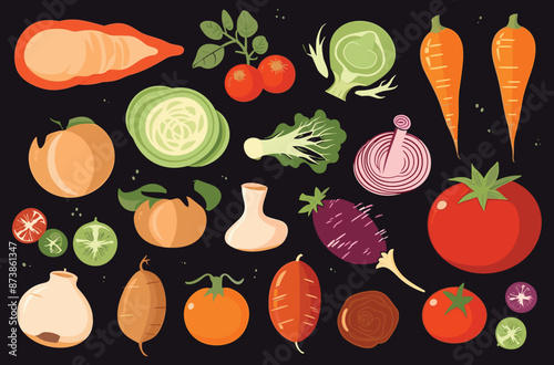 Vegetables seamless pattern of vegetables with different elements