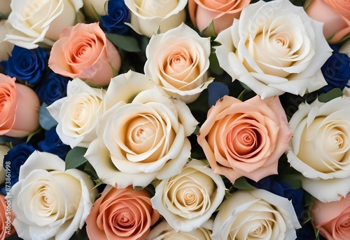 A close-up view of a bouquet of beautiful white and peach roses with soft, delicate petals arranged in a lush, floral pattern