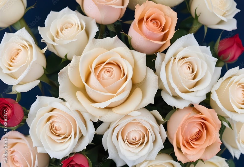 A close-up view of a bouquet of beautiful white and peach roses with soft, delicate petals arranged in a lush, floral pattern A close-up view of a bouquet of beautiful white and peach roses with soft, delicate petals arranged in a lush, floral pattern