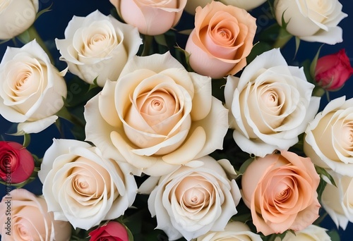 A close-up view of a bouquet of beautiful white and peach roses with soft, delicate petals arranged in a lush, floral pattern