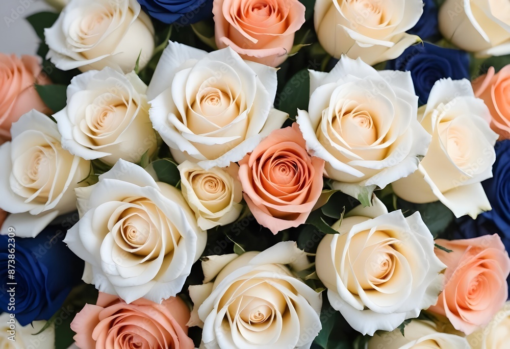 A close-up view of a bouquet of beautiful white and peach roses with soft, delicate petals arranged in a lush, floral pattern A close-up view of a bouquet of beautiful white and peach roses with soft, delicate petals arranged in a lush, floral pattern