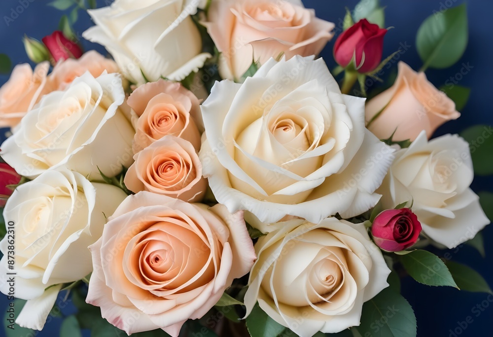A close-up view of a bouquet of beautiful white and peach roses with soft, delicate petals arranged in a lush, floral pattern A close-up view of a bouquet of beautiful white and peach roses with soft, delicate petals arranged in a lush, floral pattern