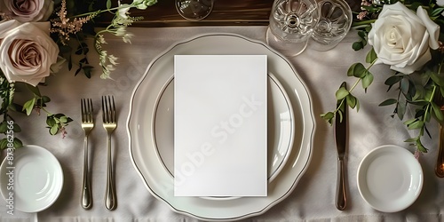 blank menu mockup on an elegant table or restaurant menu invitation card mockup for weddings and romantic eating event decoration as wide banner with empty black copy space