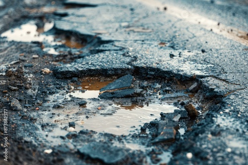 Closeup shot of a waterfilled pothole in a deteriorating asphalt road photo