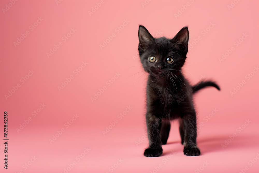 cute black kitten on a pastel studio pink background with copy space
cute black kitten on a pastel studio pink background with copy space