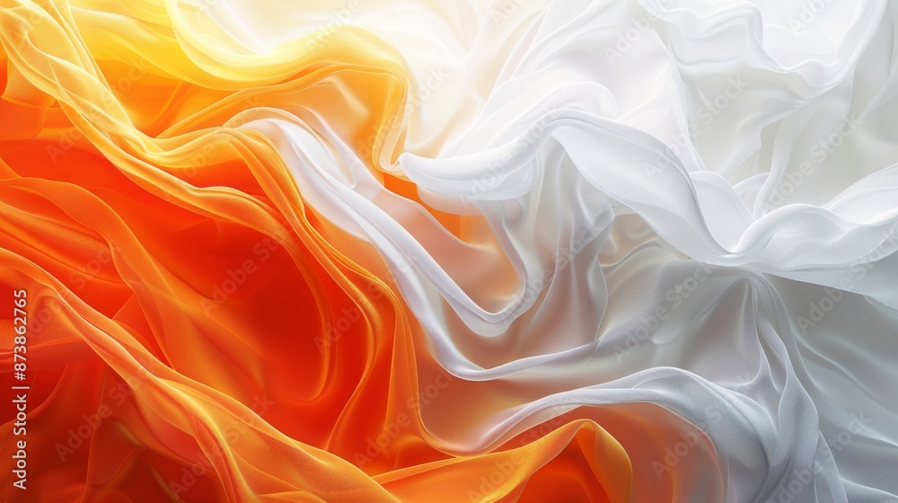 The backdrop is an abstract image in shades of orange and white