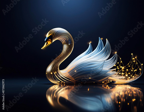 Fototapeta Naklejka Na Ścianę i Meble -  Artistic attractive swan design against dark background with golden light effects