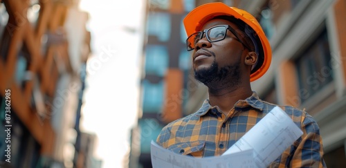 Construction Worker Looking Up at Building Plans in Urban City