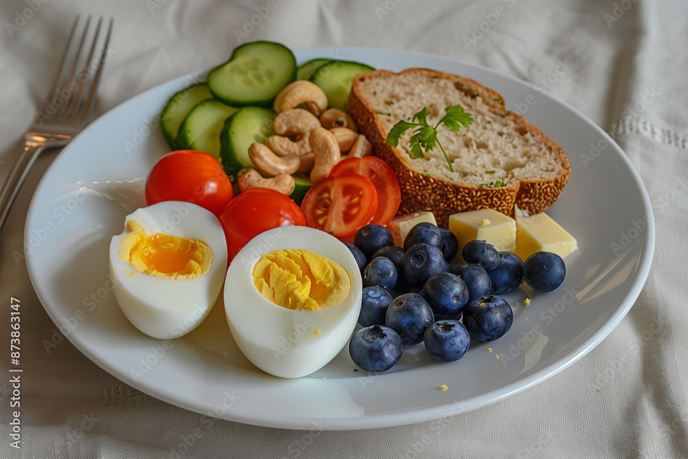 meal on an white plate, nutritional value breakfast . it's a very simple and minimalistic food platter with two half boiled eggs cut in half , some blueberries, cucumber slices, few tomatoe salad meal on an white plate, nutritional value breakfast . it's a very simple and minimalistic food platter with two half boiled eggs cut in half , some blueberries, cucumber slices, few tomatoe salad
